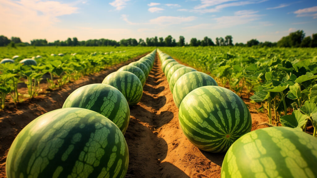 Ripe watermelons in the field are a good harvest.